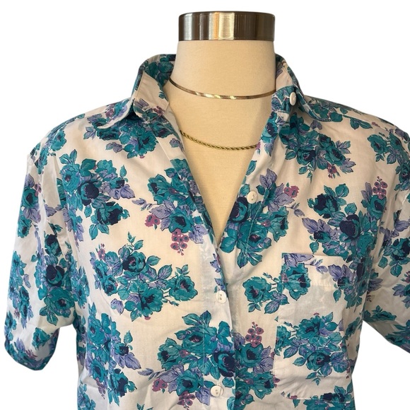 Vintage 90s floral print button down short sleeve shirt white blue M - Picture 3 of 16